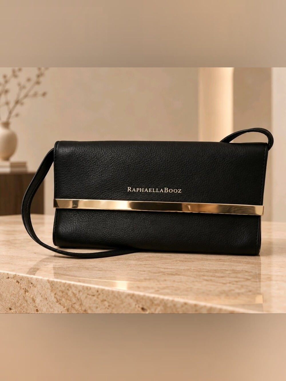 Raphaella Booz Black Leather Convertible Clutch Shoulder Bag - Gold Bar Accent